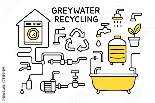 Greywater Recycling Doodle. Greywater Recycling. Hand-drawn doodle illustration greywater recycling washing machine (accented), sink, bathtub (accented), pipe