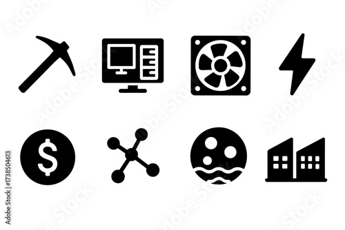 Blockchain Mining Icons. Solid, filled icon set of blockchain mining process: pickaxe, computer rig, cooling fan, electricity bolt, coin reward, hash rate,