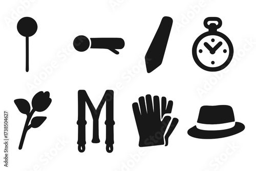 Suit Accessory Icons. Solid, filled icon set of suit fashion elements: lapel pin, tie clip, collar stay, pocket watch, boutonniere, suspenders, gloves, hat.