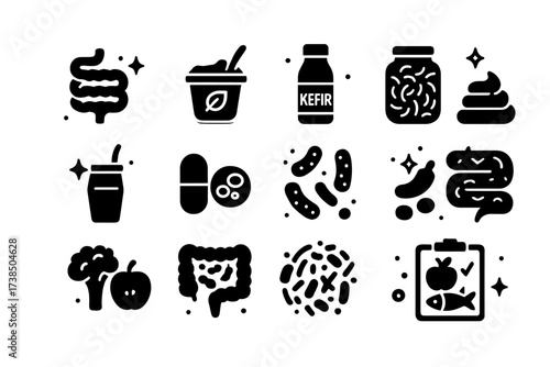 Gut Health Icons. Gut health. Solid icons set of intestine, probiotic yogurt, kefir bottle, sauerkraut jar, kombucha glass, digestive enzyme, gut flora