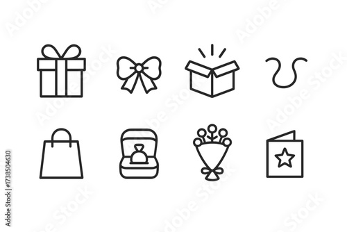 Surprise Gift Icons. Outline icon set of surprise gifts: wrapped present, bow, surprise box opening, ribbon, gift bag, jewelry box, bouquet, surprise card.
