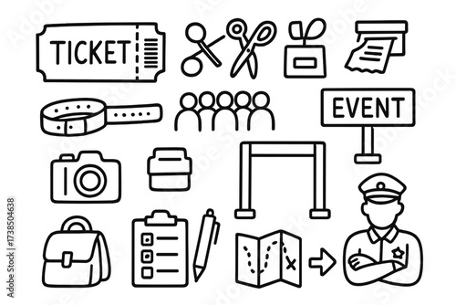 Event Entry Icons. Hand-drawn doodle illustration entry ticket ticket stub, barcode, scissors, ticket machine, wristband, crowd, event sign, camera, entrance