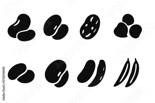 Beans Icon Set. Solid, filled icon set of beans varieties: kidney beans, black beans, pinto beans, chickpeas, navy beans, lima beans, cannellini beans, green