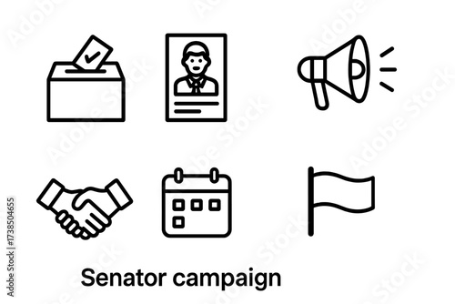 Campaign Icon Set. Outline icon set of senator campaign: ballot box, campaign poster, megaphone, donation box, handshake, calendar, flag, banner. Line icons in