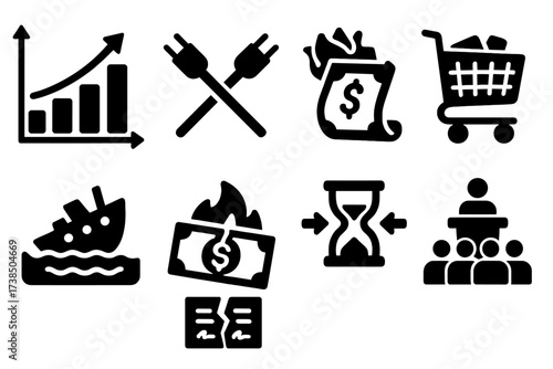 Market Overreach Icon Set. Solid, filled icon set of market overreach: expanding market, crossed wires, overloaded shopping cart, sinking ship, burning cash,