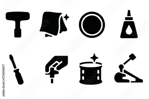Drum Kit Maintenance Icons. Solid, filled icon set of drum kit maintenance: tuning key, cleaning cloth, replacement drumhead, lubricating oil, screwdriver,