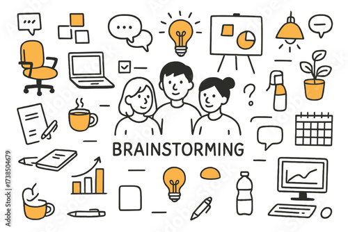 Collaborative Brainstorming Doodles. Brainstorming. Hand-drawn doodle illustration brainstorming employees thinking together (accented), sticky
