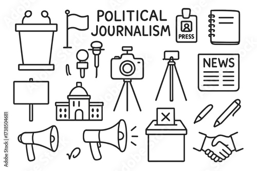 Political Journalism Icons. Hand-drawn doodle illustration Political journalism podium, microphone, flag, press badge, notebook, camera, tripod, television,