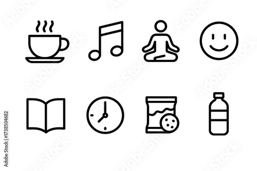 Homework Stress Icons. Outline icon set of homework stress relief: coffee cup, music note, yoga pose, smiley face, book, clock, snack, water bottle. Line icons