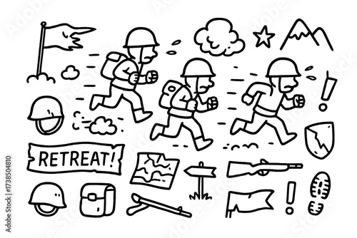 Soldiers' Desperate Retreat. Hand-drawn doodle illustration Enemy soldiers retreating soldier figures, running footsteps, broken flag, helmet, backpack, map,