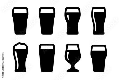 Beer Pint Icons. Solid, filled icon set of pint beer types: lager pint, ale pint, stout pint, pilsner pint, porter pint, wheat beer pint, IPA pint, craft beer
