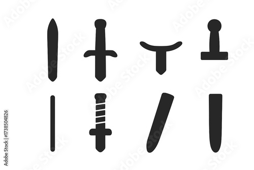 Sword Parts Icons. Solid, filled icon set of sword parts: blade, hilt, guard, pommel, fuller, crossguard, grip, scabbard. Solid, filled icons in only black