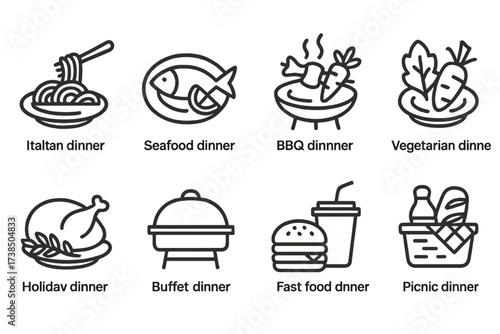Dinner and Date Icons. Outline icon set of dinner themes: Italian dinner, seafood dinner, BBQ dinner, vegetarian dinner, holiday dinner, buffet dinner, fast