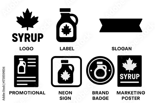Syrup Marketing Icons. Solid, filled icon set of syrup commercial and branding: logo design, label, bottle silhouette, slogan banner, promotional flyer, neon