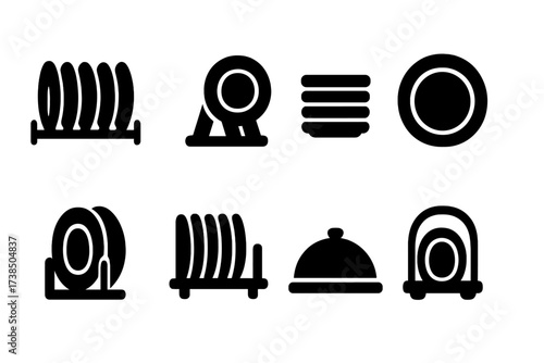 Plate Icon Set. Solid, filled icon set of plate stacks and holders: plate rack, plate stand, plate stack, plate holder, drying rack, shelf with plates, plate
