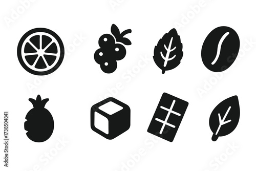 Energy Drink Icons. Solid, filled icon set of energy drink flavors: citrus slice, berry cluster, mint leaf, coffee bean, tropical fruit, ice cube, chocolate