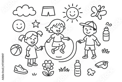Kids Playing Doodle. Hand-drawn doodle illustration Kids playing jump rope jump rope, ball, sneakers, smiling face, sun, cloud, flower, grass, butterfly,