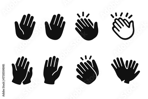 Clapping Hands Icons. Solid, filled icon set of clapping hand styles: left hand, right hand, both hands, cartoon hands, realistic hands, stylized hands,