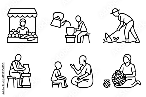 Tanzania Daily Life Icons. Outline icon set of Tanzanian daily life: Market scene, Coffee brewing, Fishing, Farming, Pottery making, Storytelling, Cooking