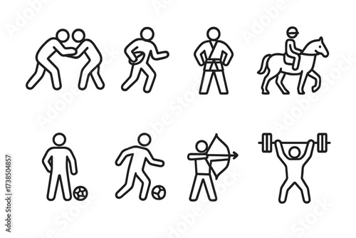 Georgian and Armenian Icons. Outline icon set of Georgian sports: wrestling, rugby, judo, horse riding, soccer, basketball, archery, weightlifting. Line icons