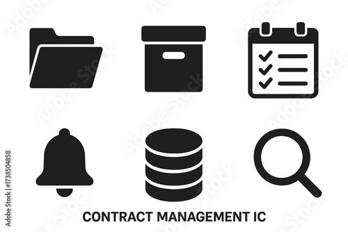 Contract Management Icons. Solid, filled icon set of contract management: folder, archive box, checklist, calendar, contract renewal, reminder bell, database,