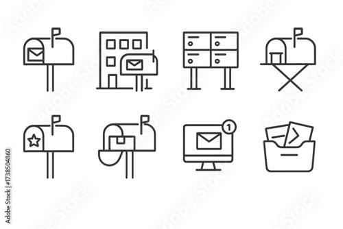Mailbox and Security Icons. Outline icon set of mailbox usage scenarios: residential mailbox, business mailbox, community mailbox, temporary mailbox, holiday