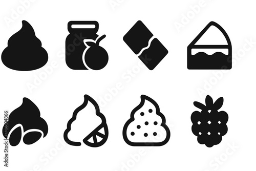 Pastry Fillings Icons. Solid, filled icon set of pastry fillings: custard, fruit jam, chocolate, cream cheese, almond paste, lemon curd, vanilla cream,