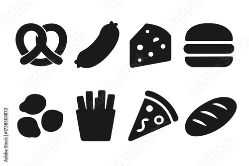 Food Pairing Icons. Solid, filled icon set of pint food pairings: pretzel, sausage, cheese wedge, burger, nuts, fries, pizza slice, bread loaf. Solid, filled