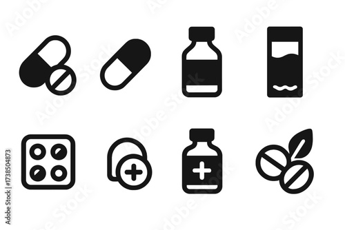 Medications Icon Set. Solid, filled icon set of medicated oral medications: pills, capsules, tablets, liquid medicine, dissolvable strips, chewable tablets,