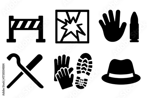 Crime Scene Icons. Solid, filled icon set of crime scene elements: police tape, broken window, handprint, bullet, crowbar, gloves, shoeprint, hat. [Line icons
