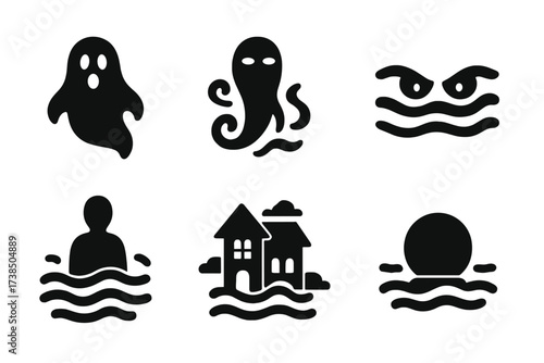 Mystical Fog Icons. Solid, filled icon set of fog in folklore and myths: ghost, spirit, will-o?-the-wisp, mysterious eyes, shadow figure, haunted house, fog