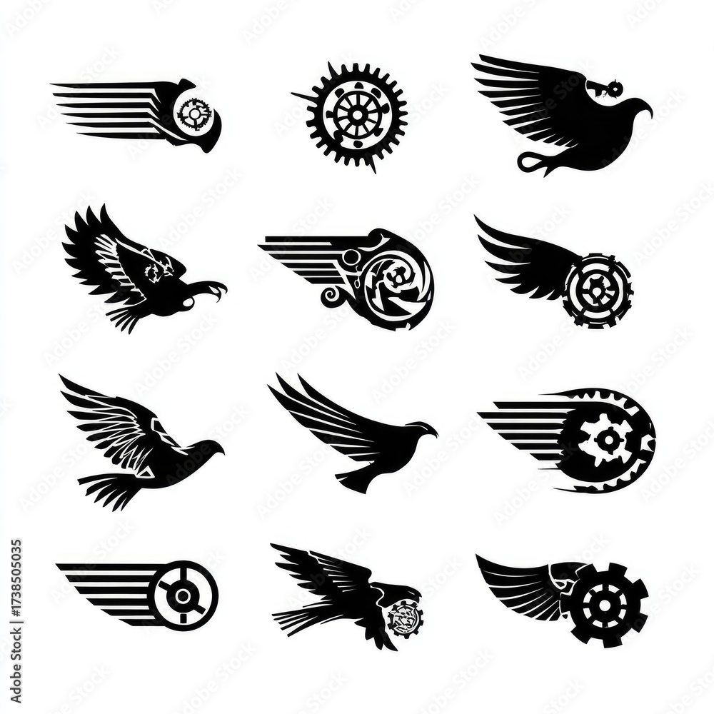 Obraz premium Wing and Gear Motorbike Logo Set. Motorcycle Emblem, Speed, and Freedom Black Silhouette Icons.