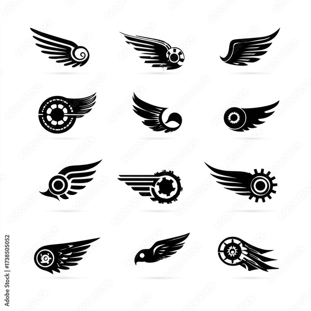 Obraz premium Wing and Gear Motorbike Logo Set. Motorcycle Emblem, Speed, and Freedom Black Silhouette Icons.