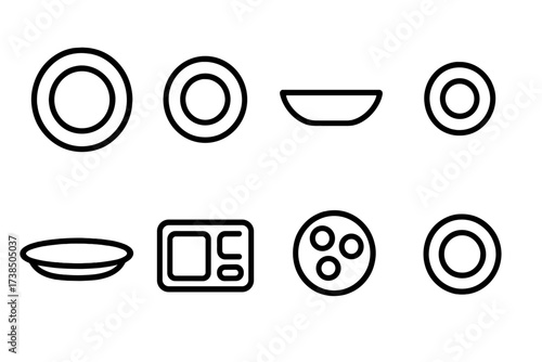 Dining Icon Set. Solid, filled icon set of dish types: dinner plate, salad plate, soup bowl, dessert plate, serving platter, compartment tray, appetizer plate,