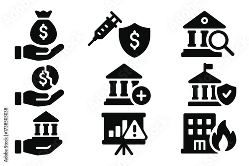 Banking Bailout Icons. Solid, filled icon set of banking bailout: emergency loan, liquidity injection, regulatory oversight, debt forgiveness, credit