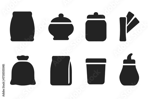 Sugar Packaging Icons. Solid, filled icon set of sugar packaging: sugar bag, sugar bowl, sugar jar, sugar packets, sugar dispenser, sugar sack, paper bag,