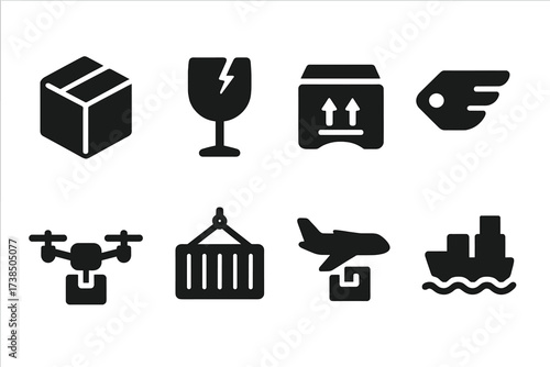 Shipment Icons Grid. Solid, filled icon set of shipment types: standard box, fragile label, heavy package, express tag, delivery drone, cargo container, air