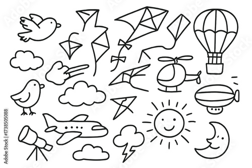 Flying Objects Doodle. Hand-drawn doodle illustration Birds and flying objects bird, airplane, kite, hot air balloon, parachute, blimp, helicopter, satellite,