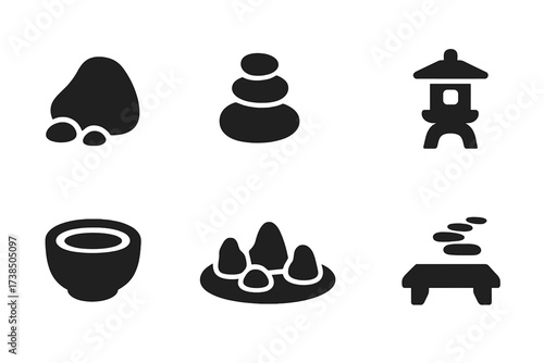 Stone Garden Icons. Solid, filled icon set of stone garden elements: garden stone, zen stone stack, stepping stone, stone lantern, stone basin, rock garden,