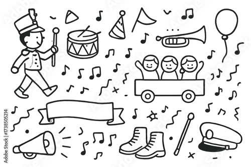 Marching Band Doodles. Hand-drawn doodle illustration Parade marching band, drum, trumpet, flag, confetti, balloon, crowd, float, banner, drum major, shoes,