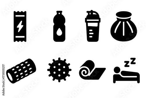 Sprint Nutrition Icons. Solid, filled icon set of sprint nutrition and recovery: energy bar, water bottle, protein shake, ice pack, foam roller, massage ball,