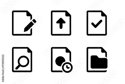 Report Status Icons. Solid, filled icon set of report statuses: draft, submitted, approved, rejected, under review, completed, pending, archived. [Line icons
