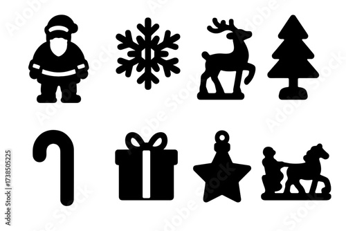 Holiday Ice Sculpture Icons. Solid, filled icon set of holiday-themed ice sculptures: Santa figure, snowflake, reindeer, Christmas tree, candy cane, gift box,
