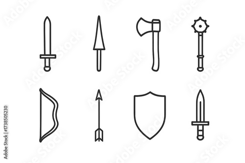 Heraldic Weapon Icons. Outline icon set of heraldic weapons: sword, lance, axe, mace, bow, arrow, shield, dagger. Line icons in only black color, consistent