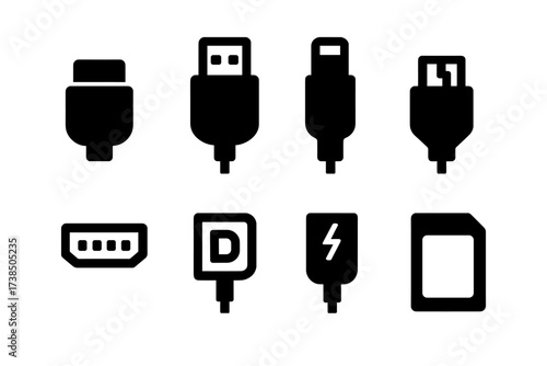 Technology Connector Icons. Solid, filled icon set of data plugs: USB-C, USB-A, Lightning connector, micro USB, HDMI plug, DisplayPort, Thunderbolt, SD card