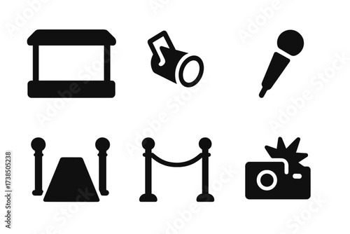 Event Icon Set. Solid, filled icon set of escort event elements: stage, spotlight, microphone, red carpet, podium, velvet rope, camera flash, ticket. Solid,