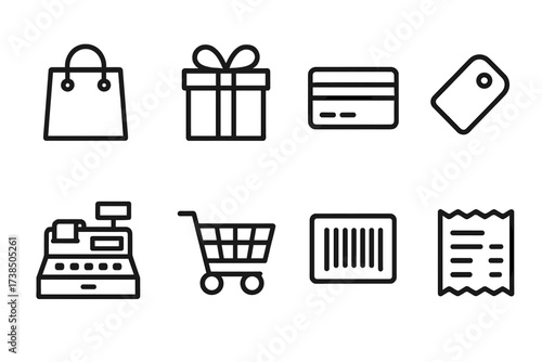 Holiday Shopping Icons. Outline icon set of holiday shopping: shopping bag, gift box, credit card, sale tag, cash register, shopping cart, barcode, receipt.