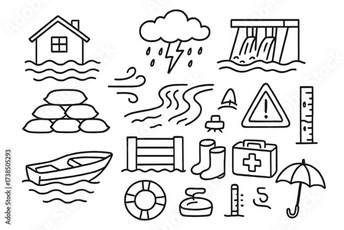 Flood Preparedness Icons. Hand-drawn doodle illustration Flood impact and risks flooded house, water waves, rain cloud, lightning, dam, river, sandbags, flood