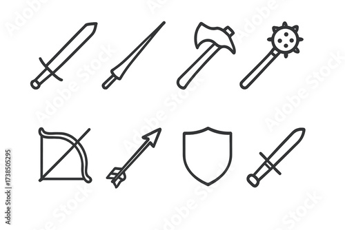 Heraldic Weapon Icons. Outline icon set of heraldic weapons: sword, lance, axe, mace, bow, arrow, shield, dagger. Line icons in only black color, consistent