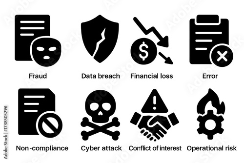 Audit Risks Icons. Solid, filled icon set of audit risks: fraud, data breach, financial loss, error, non-compliance, cyber attack, conflict of interest,